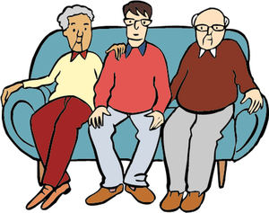 Ein junger Mann sitzt zusammen mit seinen Großeltern auf einem Sofa, seine Oma legt ihm dabei eine Hand auf seine Schulter