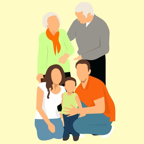 Drei Generationen einer Familie sind schematisch in bunten Farben gezeichnet
