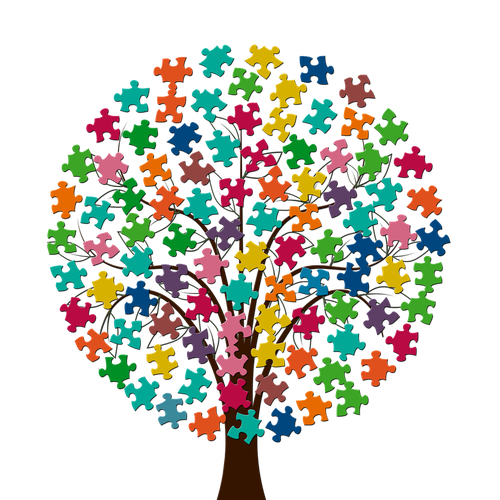 Ein gezeichneter Baum hat an seinen Zweigen statt Blättern viele bunte Puzzlestücke hängen