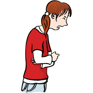 Ein Mädchen in einem roten T-Shirt verschränkt beide Arme vor dem Bauch und macht ein schmerzverzerrtes Gesicht