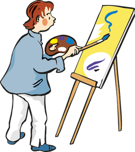 Ein Mann steht mit einem Pinsel und einem Malbrett in der Hand vor einer Staffelei und malt ein Bild