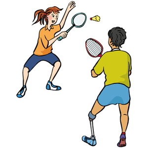 Eine Frau und ein Mann mit einem künstlichen linken Unterschenkel spielen zusammen Federball