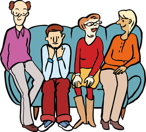 Ein älteres Ehepaar sitzt mit seinen beiden erwachsenen Kindern gemeinsam auf einer Couch, die Eltern sprechen mit Tochter und Sohn